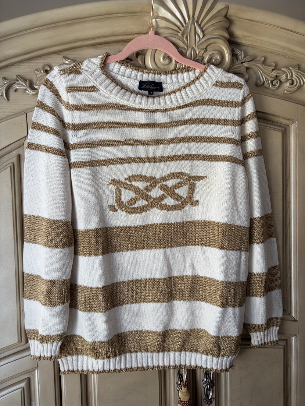 Luisa Spagnoli White and Gold Striped Crewneck Sweater